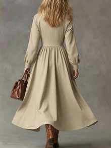 LUMIGAL Women's Long Lapel Button-Down Dress Office Brunch Beige Autumn Vintage Elegant - Khaki - View 2
