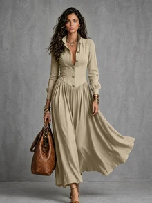 LUMIGAL Women's Long Lapel Button-Down Dress Office Brunch Beige Autumn Vintage Elegant - Khaki - View 1
