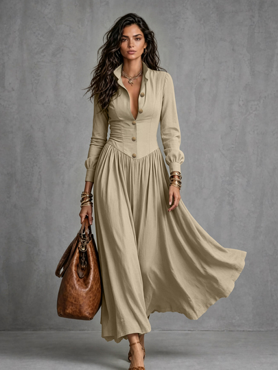 LUMIGAL Women's Long Lapel Button-Down Dress Office Brunch Beige Autumn Vintage Elegant