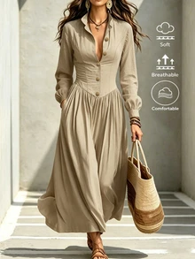LUMIGAL Women's Long Lapel Button-Down Dress Office Brunch Beige Autumn Vintage Elegant - Khaki - View 4