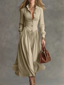 LUMIGAL Women's Long Lapel Button-Down Dress Office Brunch Beige Autumn Vintage Elegant - Khaki - View 3