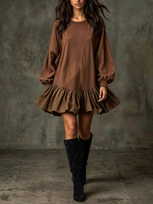 LUMIGAL Women's Early Autumn Long Sleeve Oversized Crew Neck Sweatshirt, Ruffled Hem Design, Lantern Sleeve Fashion Versatile Sweatshirt, - Brown - View 6