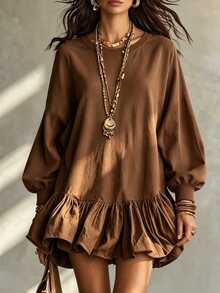 LUMIGAL Women's Early Autumn Long Sleeve Oversized Crew Neck Sweatshirt, Ruffled Hem Design, Lantern Sleeve Fashion Versatile Sweatshirt, - Brown - View 2