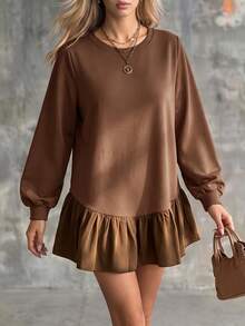 LUMIGAL Women's Early Autumn Long Sleeve Oversized Crew Neck Sweatshirt, Ruffled Hem Design, Lantern Sleeve Fashion Versatile Sweatshirt, - Brown - View 7