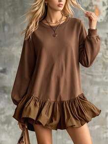 LUMIGAL Women's Early Autumn Long Sleeve Oversized Crew Neck Sweatshirt, Ruffled Hem Design, Lantern Sleeve Fashion Versatile Sweatshirt, - Brown - View 9