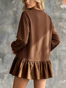 LUMIGAL Women's Early Autumn Long Sleeve Oversized Crew Neck Sweatshirt, Ruffled Hem Design, Lantern Sleeve Fashion Versatile Sweatshirt, - Brown - View 3