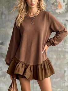 LUMIGAL Women's Early Autumn Long Sleeve Oversized Crew Neck Sweatshirt, Ruffled Hem Design, Lantern Sleeve Fashion Versatile Sweatshirt, - Brown - View 8