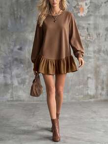 LUMIGAL Women's Early Autumn Long Sleeve Oversized Crew Neck Sweatshirt, Ruffled Hem Design, Lantern Sleeve Fashion Versatile Sweatshirt, - Brown - View 4