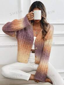 SHEIN LUNE كارديجان نسائي بلون كاكي بأزرار وأكمام طويلة مطبوع بتصميم بسيط وعصري وشعور بالراحة من مزيج الموهير، كنزة صوفية علوية للخريف والشتاء - كاكي - مشاهدة 1