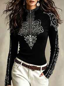 SHEIN Nordic Vintage Totem Print Half-Zip High Neck Knitted Sweater Women Slim Fit Long Sleeve Western Style Elastic Base Layer - Black - View 2