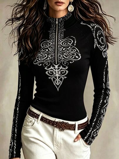 SHEIN Nordic Vintage Totem Print Half-Zip High Neck Knitted Sweater Women Slim Fit Long Sleeve Western Style Elastic Base Layer