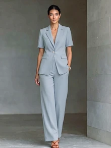 SHEIN Holidaya Women's Solid Color Lapel NeckShort Sleeve Blazer And Pants Casual Set - Blue - View 7