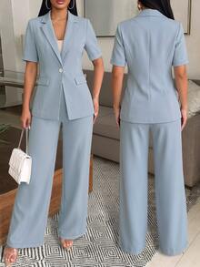 SHEIN Holidaya Women's Solid Color Lapel NeckShort Sleeve Blazer And Pants Casual Set - Blue - View 8