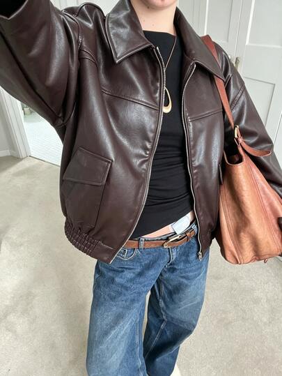 Pariaura Chaqueta de cuero PU versátil de moda casual suelta de estilo callejero para mujer en color marrón oscuro de otoño, chaqueta corta con solapa y cremallera de motocicleta, elegante para ocasiones y viajes