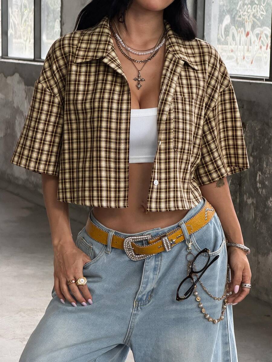 Coolane Atasan Crop Wanita Longgar Motif Kotak Gaya Preppy Vintage Musim Semi/Panas Kemeja Merah untuk Tahun Baru - Coffee Brown - View 1