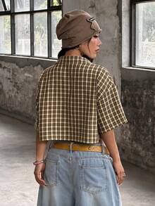 Coolane Atasan Crop Wanita Longgar Motif Kotak Gaya Preppy Vintage Musim Semi/Panas Kemeja Merah untuk Tahun Baru - Coffee Brown - View 7