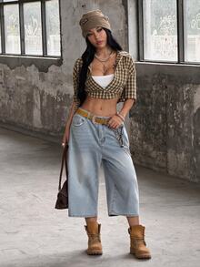 Coolane Atasan Crop Wanita Longgar Motif Kotak Gaya Preppy Vintage Musim Semi/Panas Kemeja Merah untuk Tahun Baru - Coffee Brown - View 2