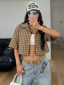 Coolane Atasan Crop Wanita Longgar Motif Kotak Gaya Preppy Vintage Musim Semi/Panas Kemeja Merah untuk Tahun Baru - Coffee Brown - View 3