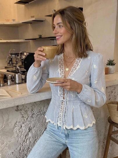 Serisse Women's Frenchy Elegant Blue & White Striped V Neck Contrast Lace Embroidery Trim Tie Front Peplum Blouse, Ruffle Cuff Long Sleeve For Fall/Winter