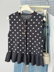 Muvela Rompi Sweater Wanita Motif Polkadot Putih, Leher Bulat, Hem Berkerut, Gaya Retro Musim Gugur Sehari-hari - Dark Grey - View 5