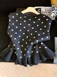 Muvela Rompi Sweater Wanita Motif Polkadot Putih, Leher Bulat, Hem Berkerut, Gaya Retro Musim Gugur Sehari-hari - Dark Grey - View 2