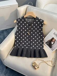 Muvela Rompi Sweater Wanita Motif Polkadot Putih, Leher Bulat, Hem Berkerut, Gaya Retro Musim Gugur Sehari-hari - Dark Grey - View 7