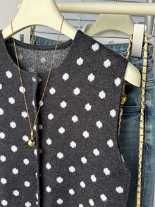 Muvela Rompi Sweater Wanita Motif Polkadot Putih, Leher Bulat, Hem Berkerut, Gaya Retro Musim Gugur Sehari-hari - Dark Grey - View 6