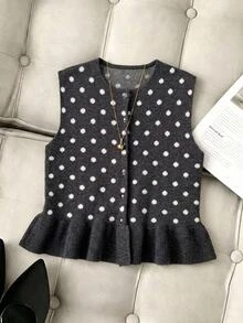Muvela Rompi Sweater Wanita Motif Polkadot Putih, Leher Bulat, Hem Berkerut, Gaya Retro Musim Gugur Sehari-hari - Dark Grey - View 9