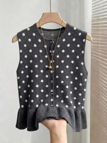 Muvela Rompi Sweater Wanita Motif Polkadot Putih, Leher Bulat, Hem Berkerut, Gaya Retro Musim Gugur Sehari-hari - Dark Grey - View 1