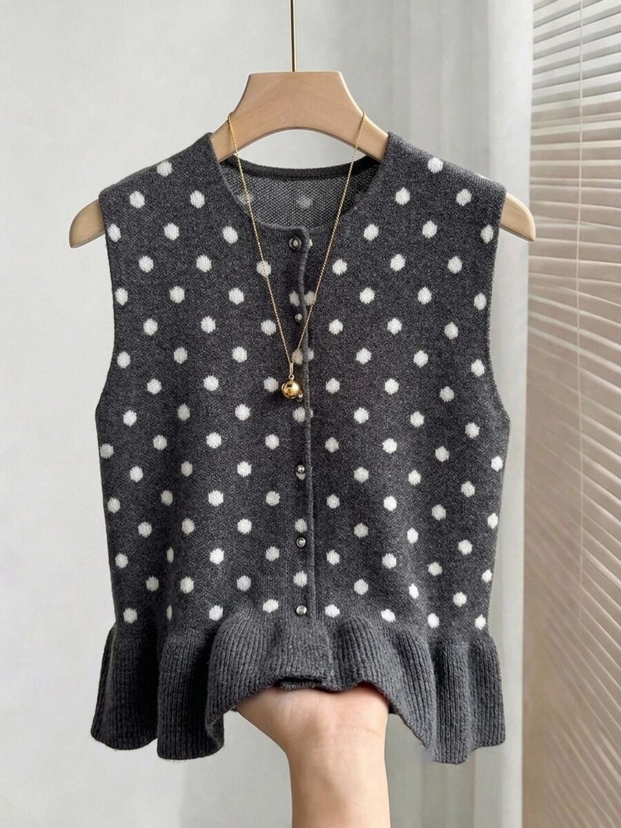 Muvela Rompi Sweater Wanita Motif Polkadot Putih, Leher Bulat, Hem Berkerut, Gaya Retro Musim Gugur Sehari-hari - Dark Grey - View 1