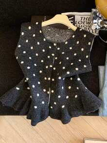 Muvela Rompi Sweater Wanita Motif Polkadot Putih, Leher Bulat, Hem Berkerut, Gaya Retro Musim Gugur Sehari-hari - Dark Grey - View 3