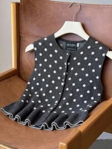 Muvela Rompi Sweater Wanita Motif Polkadot Putih, Leher Bulat, Hem Berkerut, Gaya Retro Musim Gugur Sehari-hari - Dark Grey - View 4