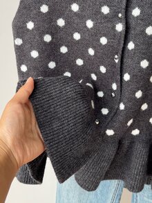Muvela Rompi Sweater Wanita Motif Polkadot Putih, Leher Bulat, Hem Berkerut, Gaya Retro Musim Gugur Sehari-hari - Dark Grey - View 10