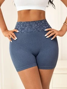 SHEIN Sports Seamless Knit Leopard Print Patchwork Sexy Peach Butt Design Sports Shorts - Grey - View 5