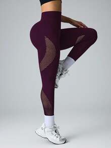 Solea Cove Solea Cove Seamless High Stretch Yoga Sports Leggings With Mesh Panels - Red Violet - View 6