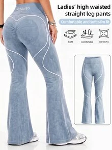 Solea Cove Solea Cove Women's Elastic Waist Daily Fitness Modest Athleisure Matte Flare Leggings Gym Blue Summer - Navy Blue - View 3