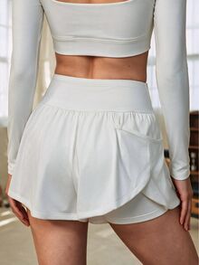 SHEIN Sports Women's Minimalist Versatile Pocket Pleated Sports Shorts For Running - White - View 2