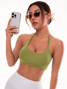 Slayform Slayform Bra Olahraga Wanita Tanpa Punggung dengan Leher Halter Warna Polos - Olive Green - View 5