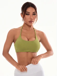 Slayform Slayform Bra Olahraga Wanita Tanpa Punggung dengan Leher Halter Warna Polos - Olive Green - View 7