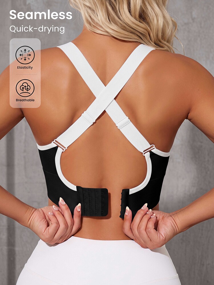 Solea Cove Solea Cove Women's Colorblock Criss-Cross Back Sports Bra/Seamless/Button-Up/Shoulder Strap - Black - View 1