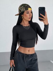 SHEIN HypeZone Kaos Lengan Panjang Wanita Warna Polos Tanpa Punggung, Kasual untuk Sehari-hari, Bepergian, dan Olahraga - Hitam - View 4