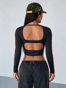 SHEIN HypeZone Kaos Lengan Panjang Wanita Warna Polos Tanpa Punggung, Kasual untuk Sehari-hari, Bepergian, dan Olahraga - Hitam - View 5