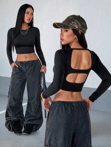 SHEIN HypeZone Kaos Lengan Panjang Wanita Warna Polos Tanpa Punggung, Kasual untuk Sehari-hari, Bepergian, dan Olahraga - Hitam - View 3