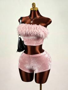 BamGleam Pink Feather Trim Strapless Tube Top Plush Shorts 2 Pieces Set Sexy Party Club Night Out Outfit Summer - Multicolor - View 8