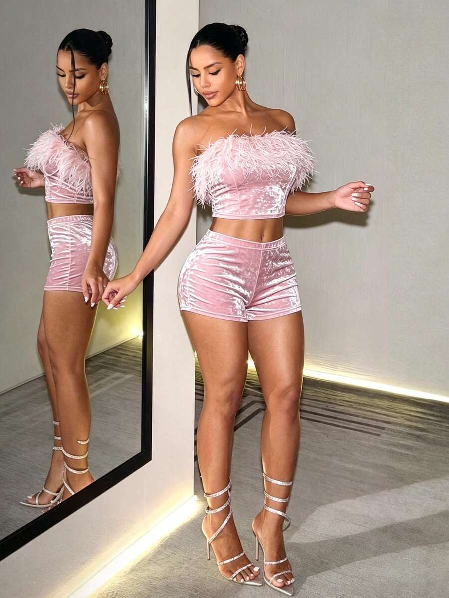 BamGleam Pink Feather Trim Strapless Tube Top Plush Shorts 2 Pieces Set Sexy Party Club Night Out Outfit Summer