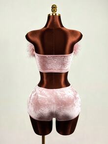 BamGleam Pink Feather Trim Strapless Tube Top Plush Shorts 2 Pieces Set Sexy Party Club Night Out Outfit Summer - Multicolor - View 9
