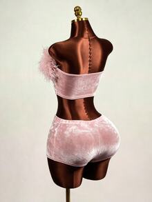 BamGleam Pink Feather Trim Strapless Tube Top Plush Shorts 2 Pieces Set Sexy Party Club Night Out Outfit Summer - Multicolor - View 6