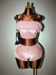 BamGleam Pink Feather Trim Strapless Tube Top Plush Shorts 2 Pieces Set Sexy Party Club Night Out Outfit Summer - Multicolor - View 4