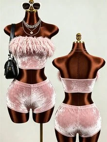 BamGleam Pink Feather Trim Strapless Tube Top Plush Shorts 2 Pieces Set Sexy Party Club Night Out Outfit Summer - Multicolor - View 3
