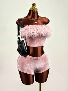 BamGleam Pink Feather Trim Strapless Tube Top Plush Shorts 2 Pieces Set Sexy Party Club Night Out Outfit Summer - Multicolor - View 7